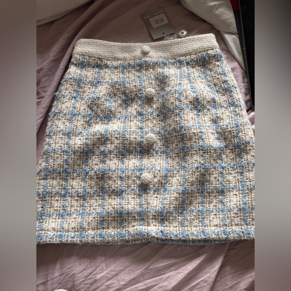 NWOT - Sister Jane Blue, Cream & Tan Tweed Mini Skirt